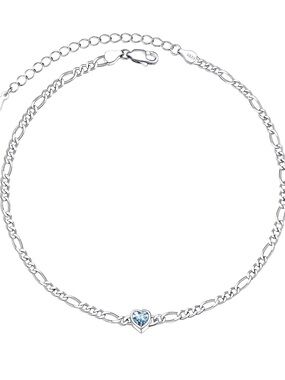 NWT Sterling Silver & Aquamarine Heart Anklet, 925